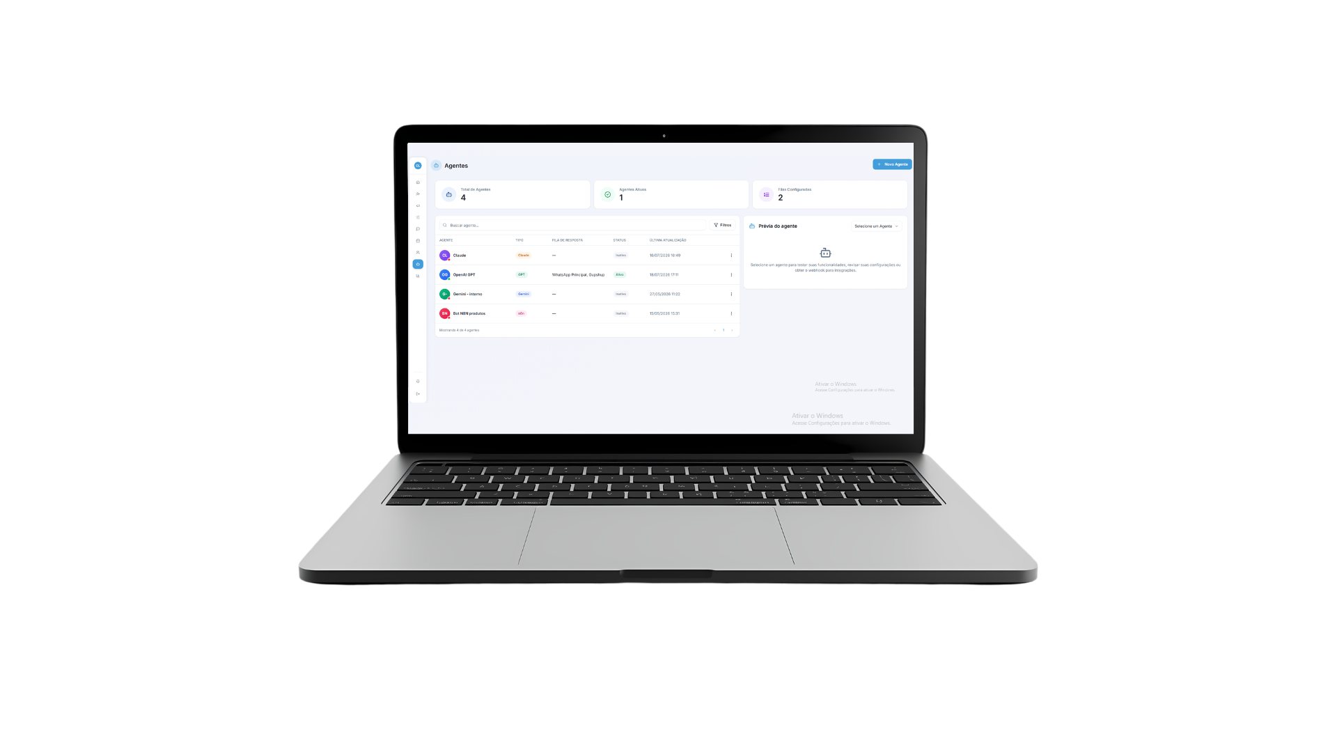 Gestão de agentes de inteligência artificial no CRM Flux