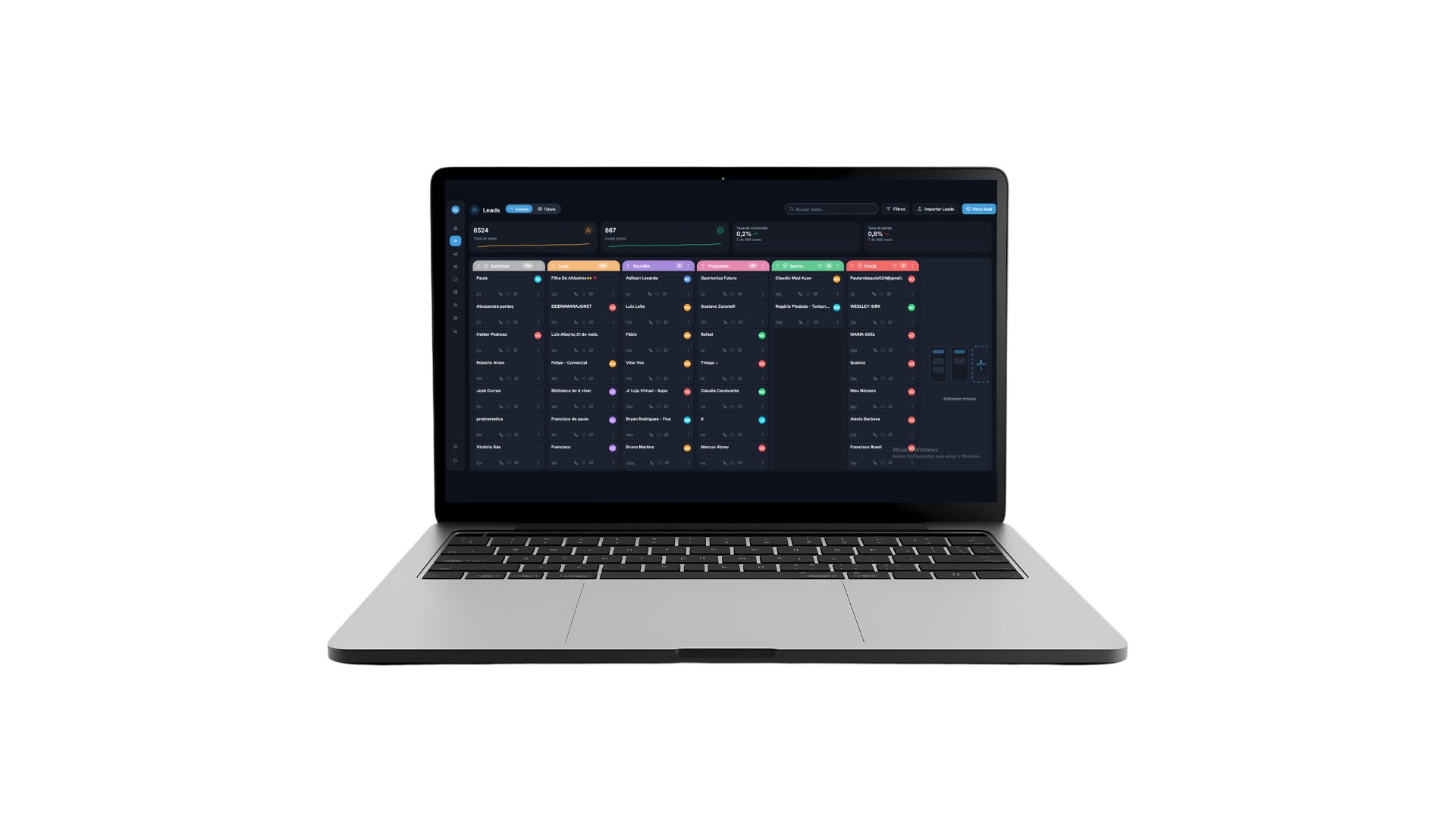 Funil de vendas em kanban no CRM Flux, da entrada ao ganho