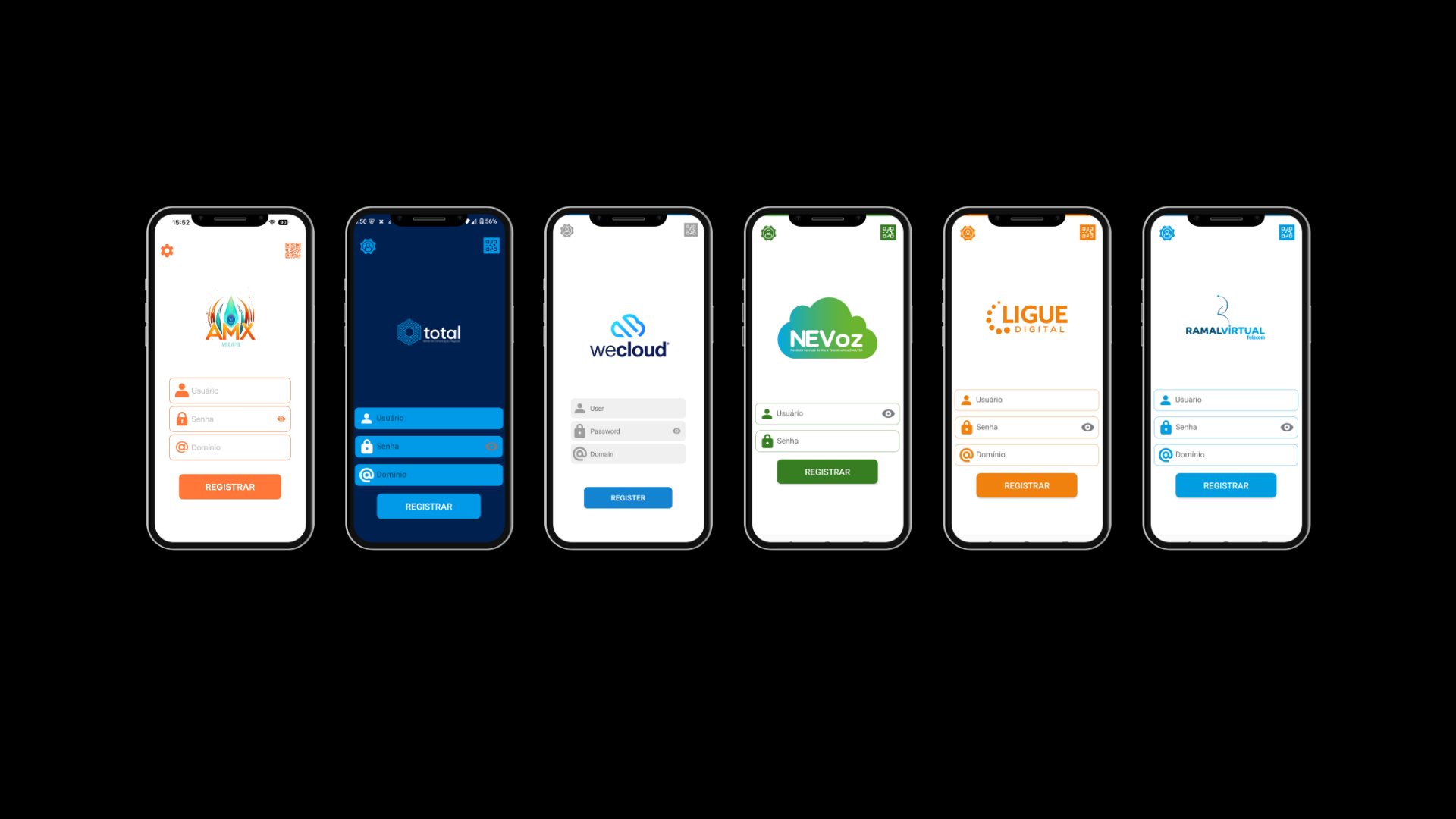 Seis aplicativos de parceiros publicados sobre o Softphone Flux, cada um com sua marca