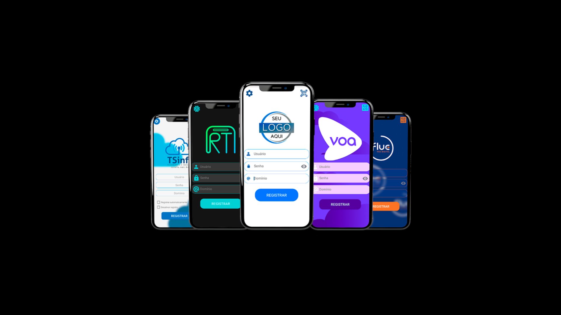 Cinco celulares exibindo o Softphone Flux publicado com marcas diferentes de parceiros