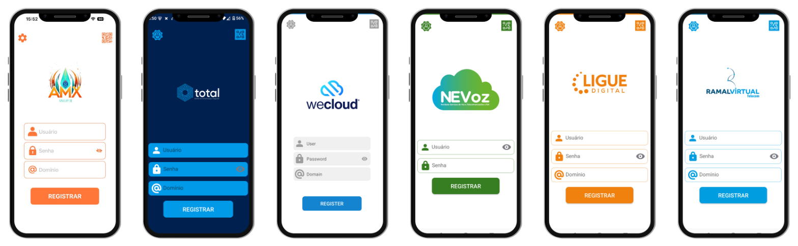 Seis telas de login do Softphone Flux, cada uma publicada com a marca de um parceiro diferente: AMX, Total, WeCloud, NEVoz, Ligue Digital e RamalVirtual