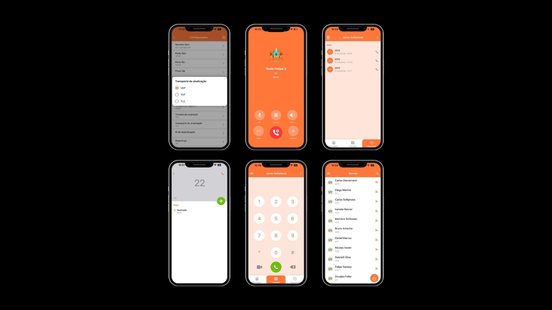 Telas do Softphone Flux: configurações SIP, chamada em andamento, histórico, teclado e lista de ramais